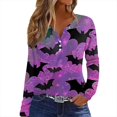 thumbnail image 1 of Camiseta de manga larga de Halloween para mujer: Top informal con estampado festivo de calabaza y murciélago, 1 of 5