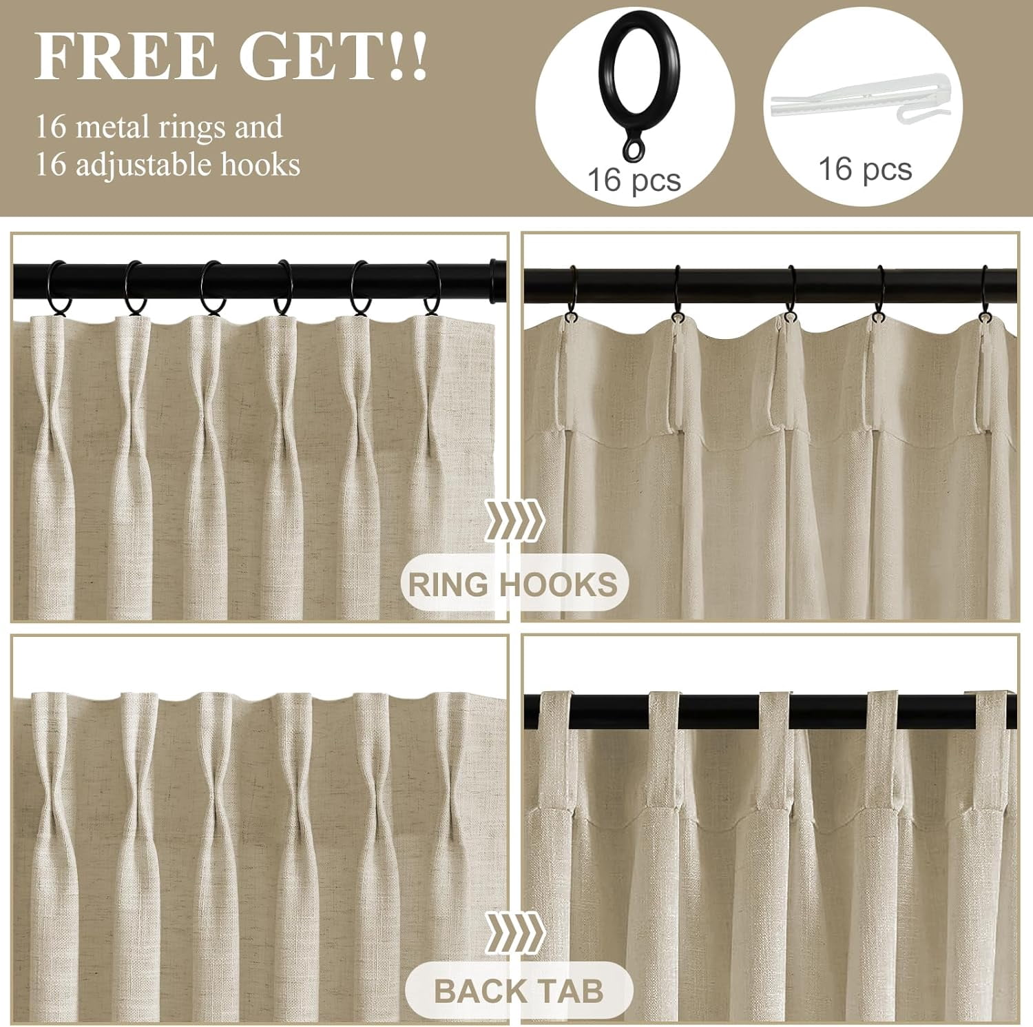 Nalqet 40*96 inch 2 Panels Pinch Pleated Linen Curtains for Home, Blackout Heat Blocking Window Curtains for Bedroom,Living room,Office,Burlywood Birch