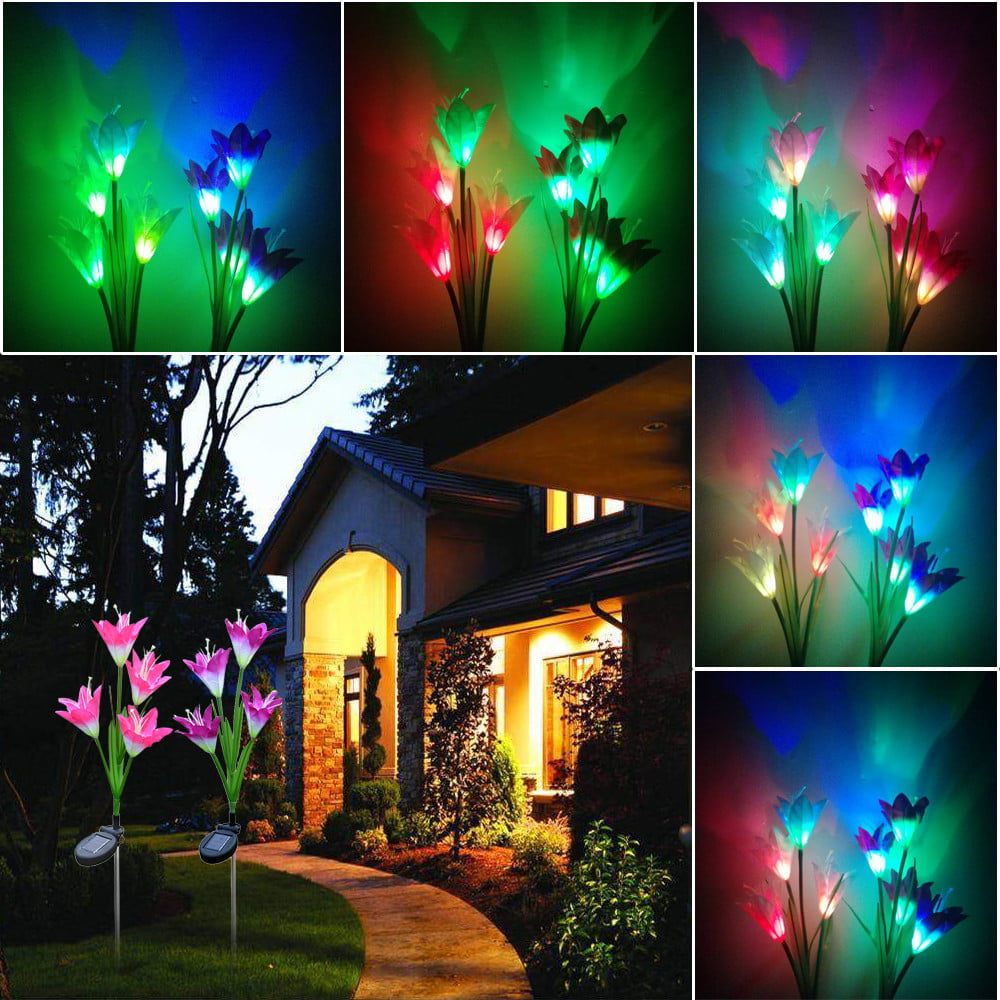 Pack of 2 Discoloration 4 Solar Lily LED Solar Flower Color Light # Red & Purple