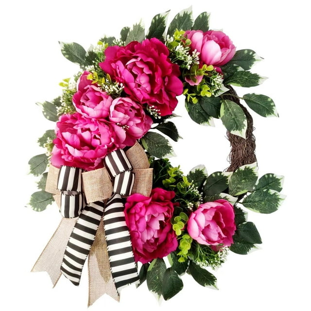 Corona Vofuly de primavera y verano para puerta de entrada, 50 cm, peonía rosa intenso