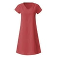 thumbnail image 4 of Robes pour Femmes Liquidation Femmes Manches Courtes Col en V Décontracté Chaud Vacances Couleur Unie Mini Robe Droite Coton Lin Robe T-Shirt Printemps Été Robes pour Femmes, 4 of 5