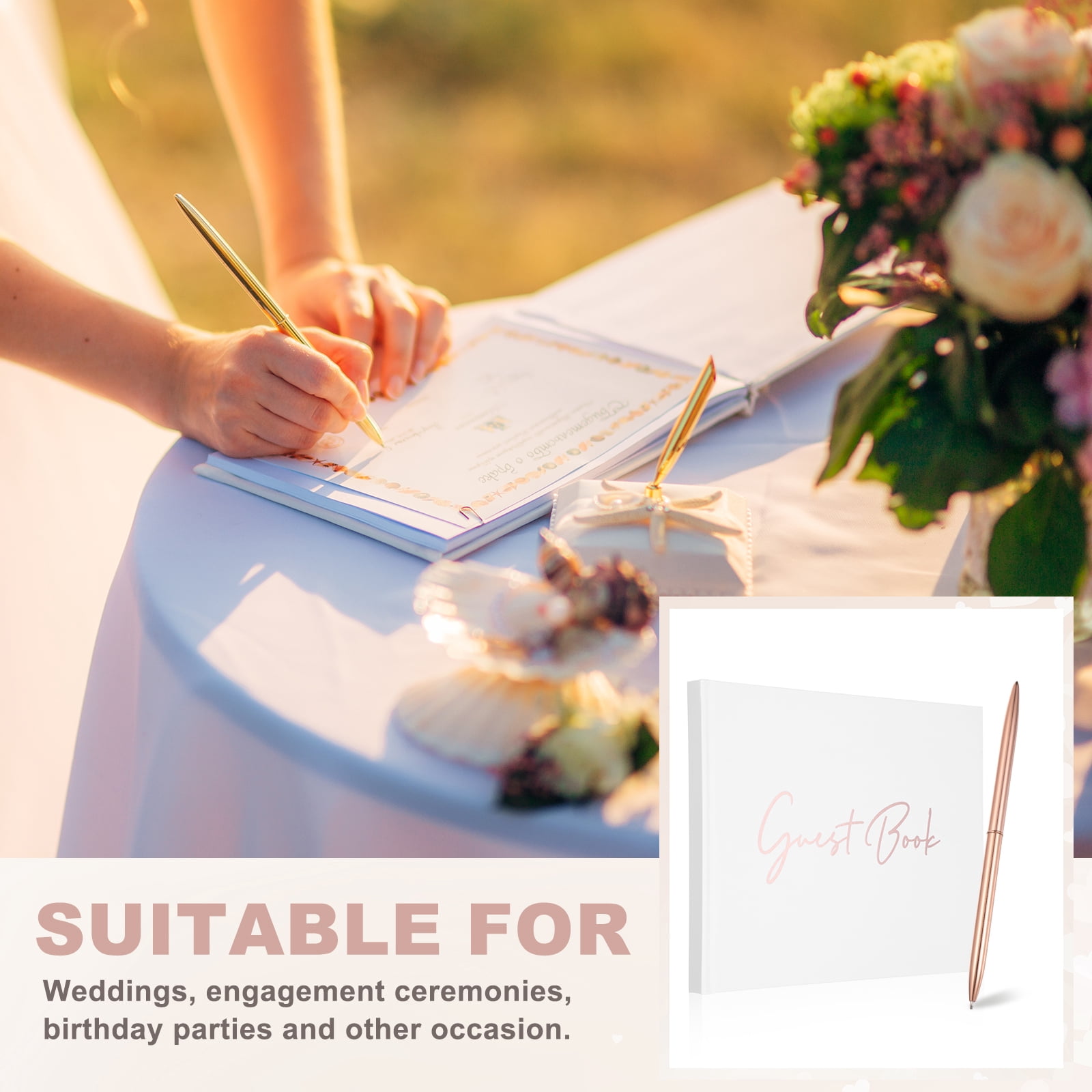 Uxcell Guest Book, 9x7" Elegant Wedding Guestbook Pink Cover Memory Book with Diamond Signing Pen and Greeting Card for Wedding Bridal Shower Birthday Party Events, Rose Gold