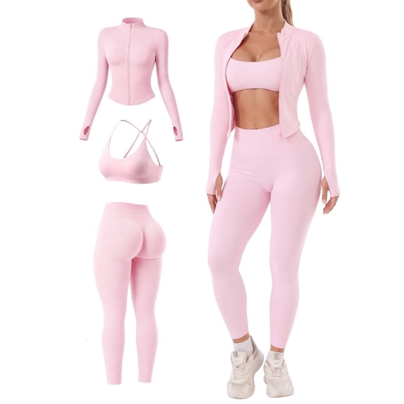 Coral Canton Women's 3-Piece Long Sleeve Fitted Gym Workout Set, Zip-Up Athletic Jacket, Sports Bra & High-Waist Leggings Fitted Sportswear for Yoga, Gym Workout Sets, Fitted Sportswear Set