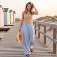 thumbnail image 4 of Women's Pinstripe Linen Palazzo Pants Elastic Drawstring High Waist Flowy Wide Leg Loose Summer Beach Trousers With Pockets Blue S, 4 of 6