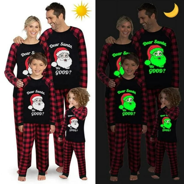 Pijamas familiares a juego navideños Luminosos y brillantes Dear Santa We Good Conjunto de pijamas negros
