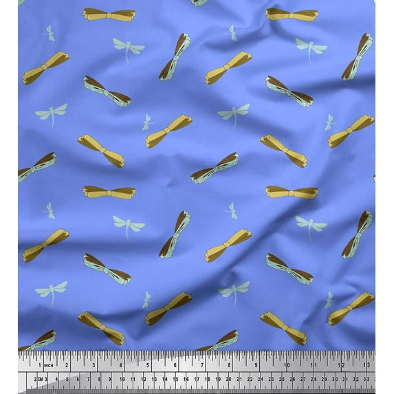 Soimoi Blue Rayon Fabric Bow & Dragonfly Insect Print Fabric by Yard 42 Inch Wide