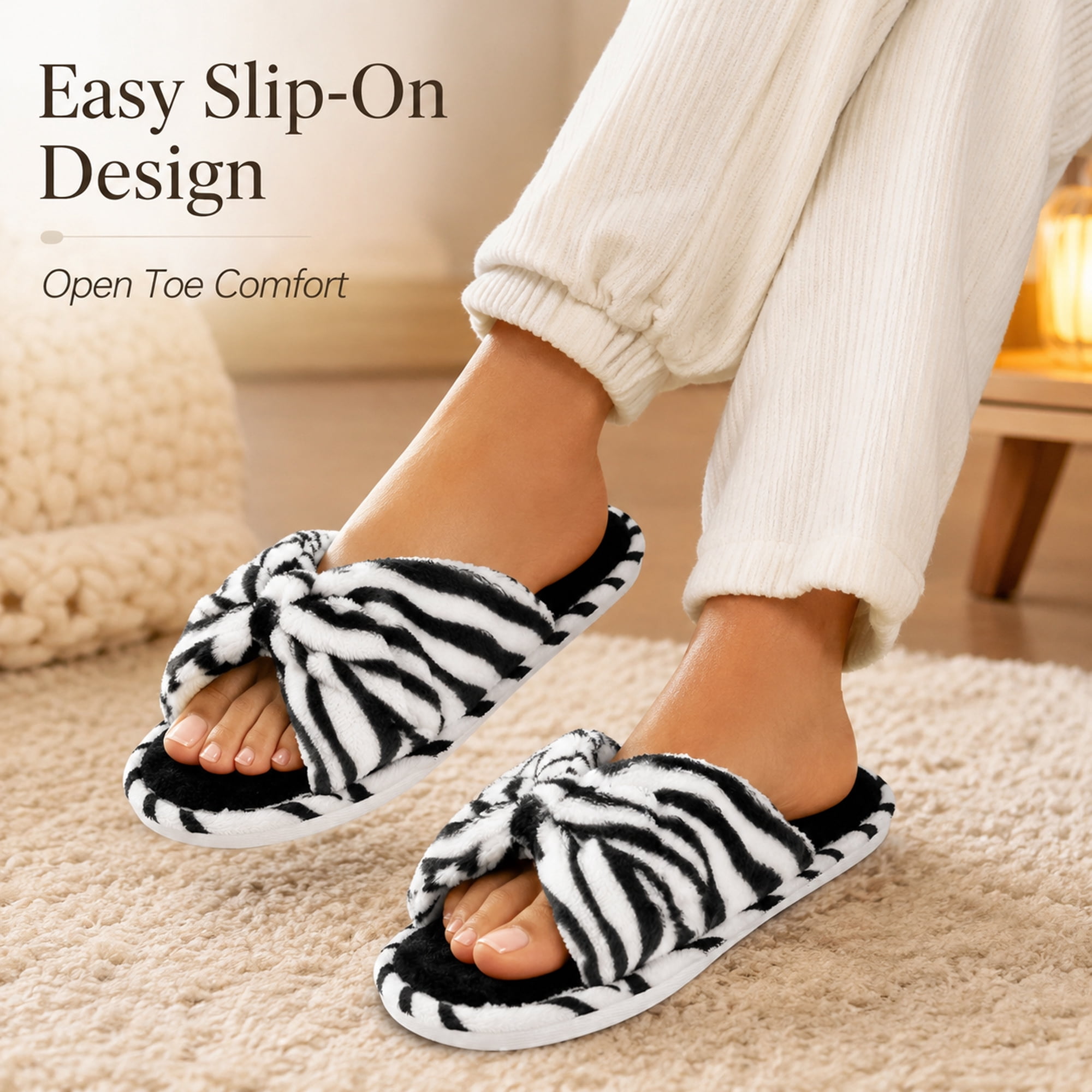 Women’s Leopard Print Memory Foam Slippers, Knit Pom-Pom Indoor House Shoes with Non-Slip Sole