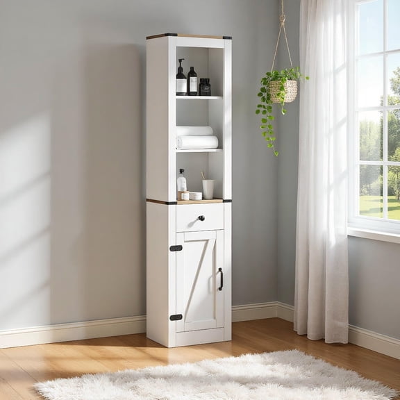 Kadyn 68 Inch Tall Bathroom Cabinet with Barn Door Narrow Slim Organizer with Drawer for Bathroom Vanity Toiletries Towels Organizer, White