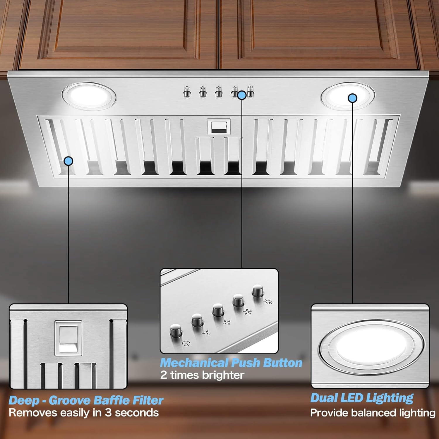 Range Hood 20 inch Built in Range Hood 600 CFM Vent 3-Speed Non-Ducted Integrated Cabinet Ducted/Ductless Convertible Ultra-Quiet Built-in Kitchen Exhaust Hood with Dishwasher-Safe Filter, 3-Speed