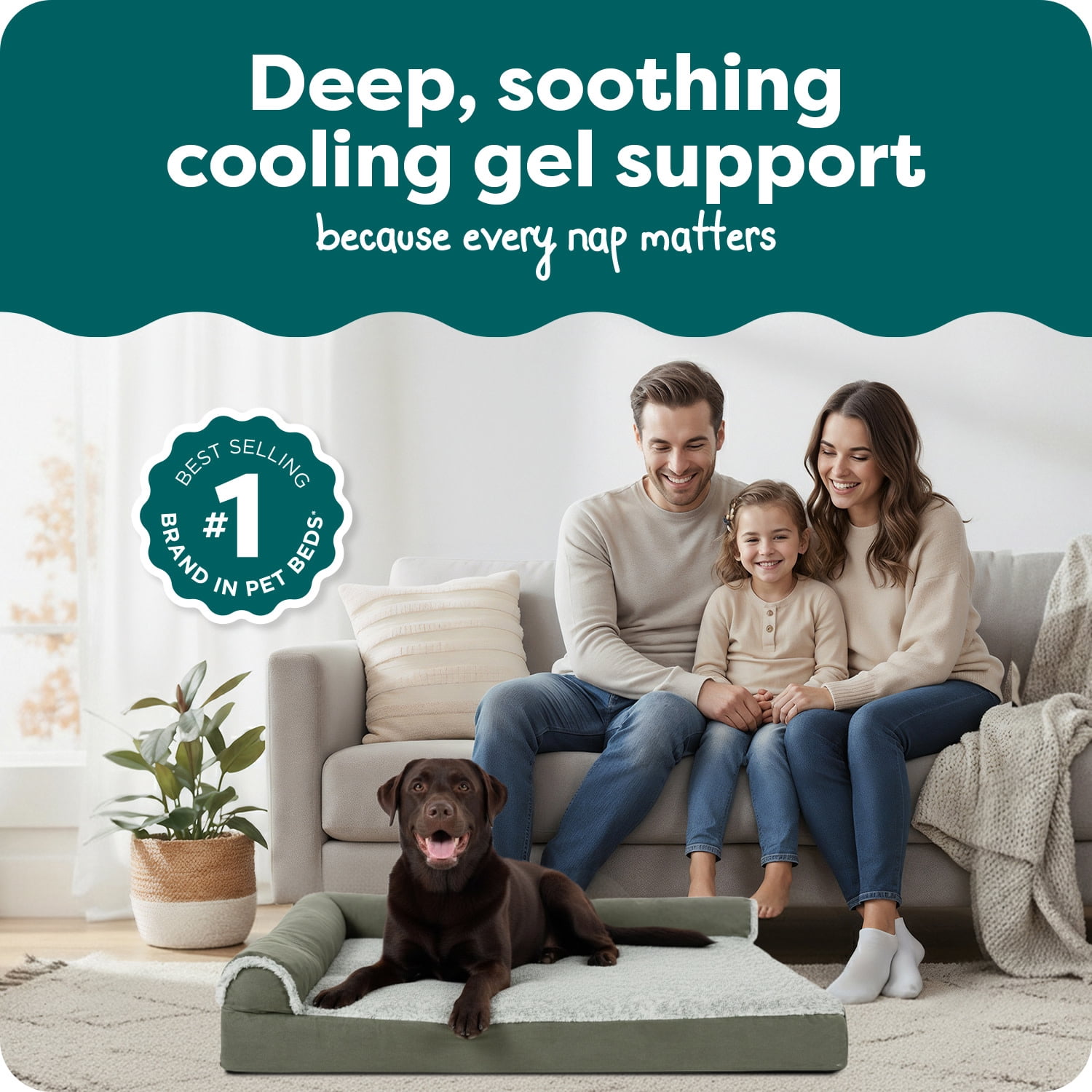 Furhaven Cooling Gel Dog Bed for Large Dogs w/ Removable Bolsters & Washable Cover, For Dogs Up to 95 lbs - Two-Tone Plush Faux Fur & Suede L Shaped Chaise - Dark Sage, Jumbo/XL