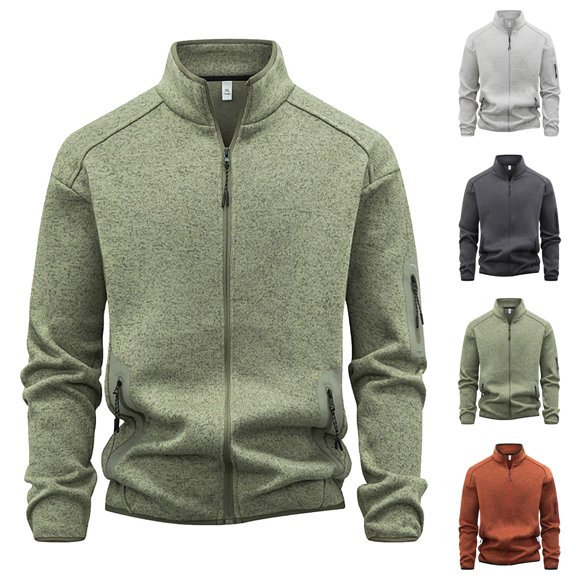 Men's Zip-Up Stand Collar Jacket Long Sleeve Windproof Casual Coat with Multi Pockets for Hiking Travel