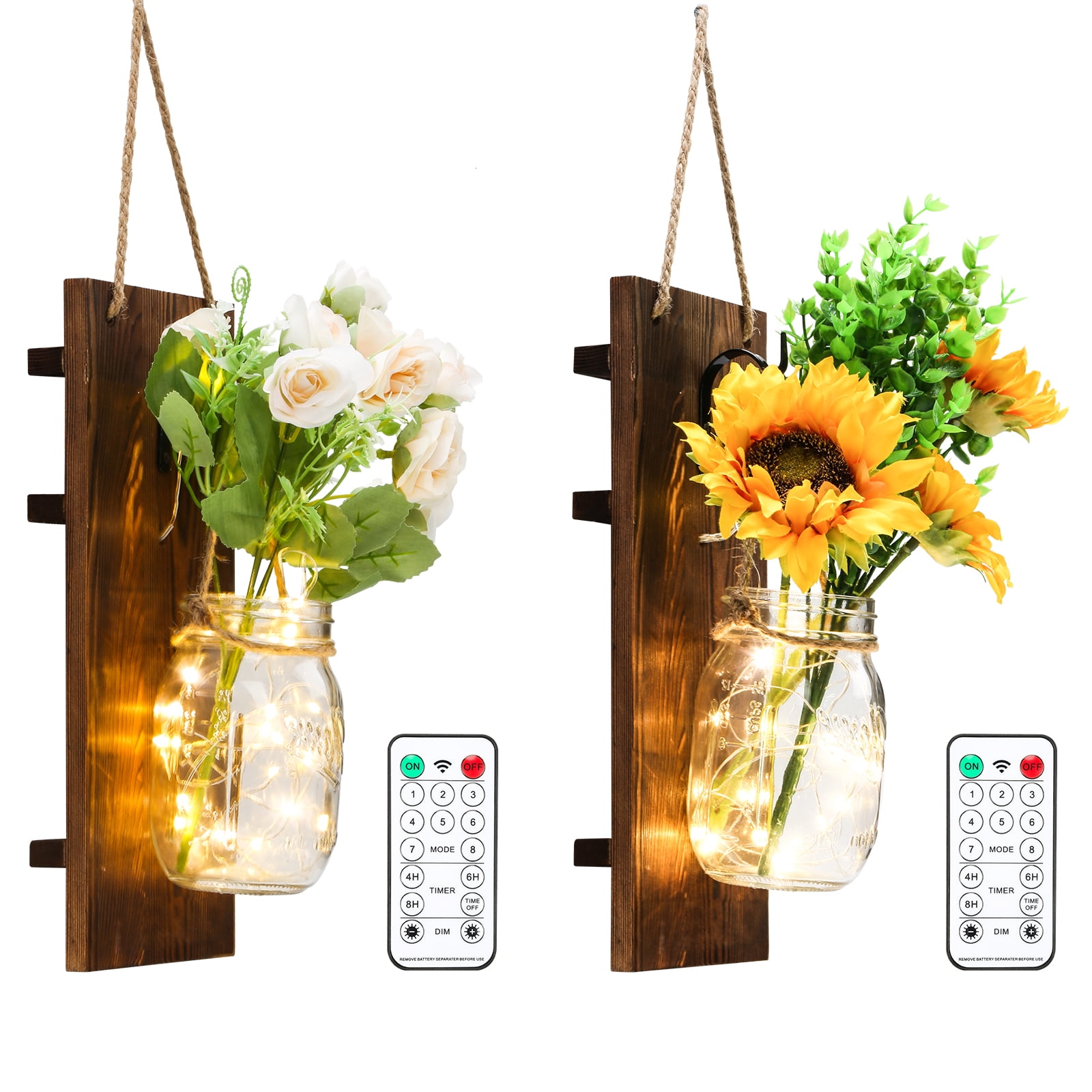 Handmade Set of Two Sunflowers Sprays and LED Lights Mason Jar Wall Sconce 