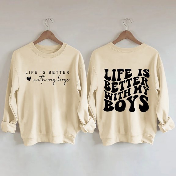 Baqcunre Women's Sweaters Women's Fashion And Fun Life Is Better With My Boys Letter Print Round Neck Sweater Crewneck Sweatshirts Fall Outfits Women Trendy Beige L