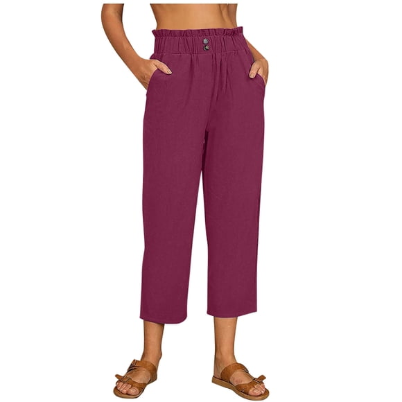 Virmaxy Womens Straight-Leg Capris Pants Cotton Linen Loose Pants Button Elasticated Waist Casual Straight Leg Pants Seven Pants Burgundy L