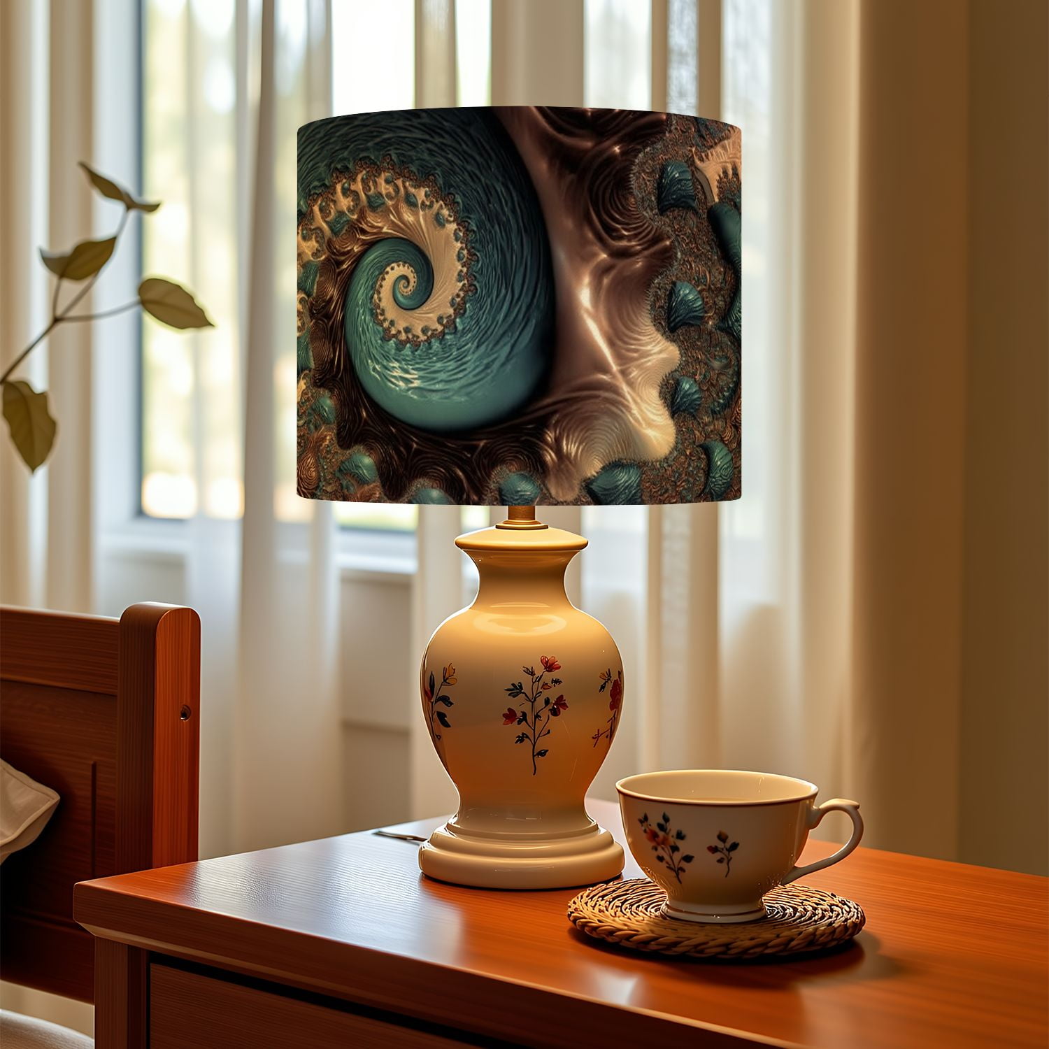 Linen Drum Lampshades Teal Chocolate Swirl Blue Brown Fractal Spirals 13"x13"x10" Light Shade for Table Lamps Floor Lamps Drum Lamp Shades Lampshade Replacement Assembly Required