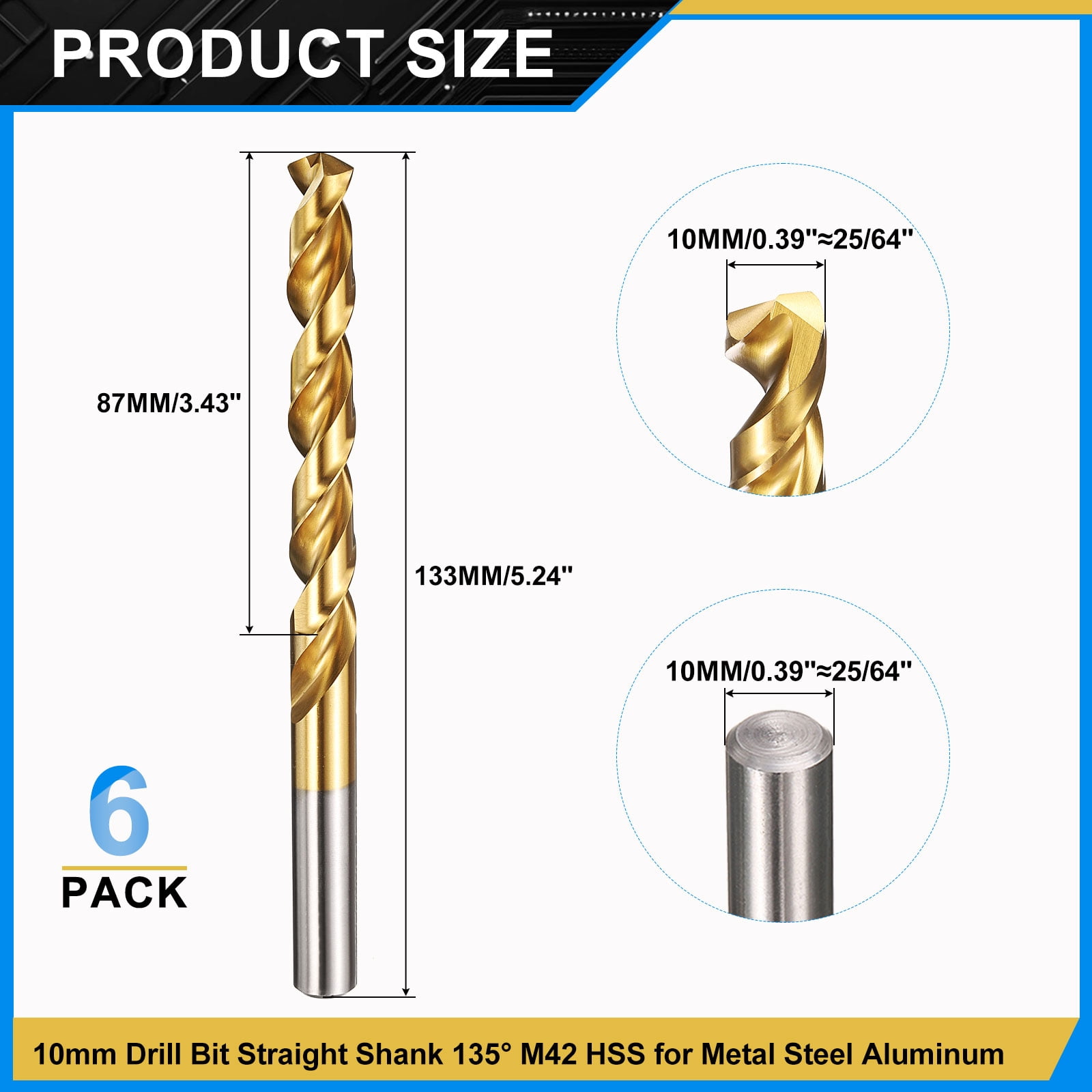 Uxcell 10mm Drill Bit, M42 8% Cobalt High-Speed Steel Jobber Straight Shank 135° Titanium Nitride (TiN) Coated for Hard Metal Stainless Steel - 6 Pack