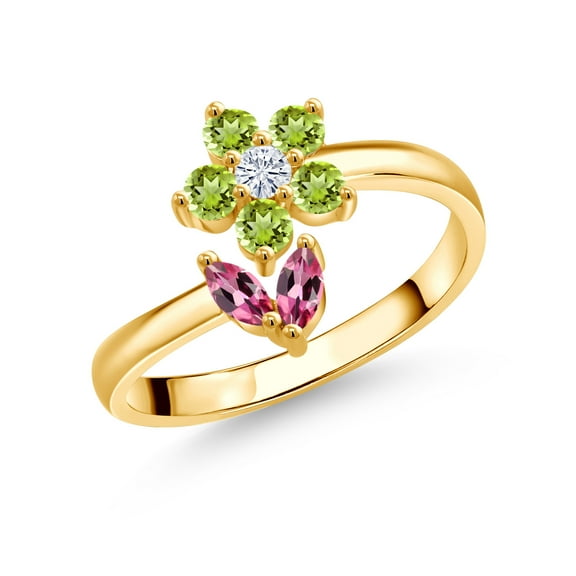 Gem Stone King 18K Yellow Gold Plated Silver Pink Tourmaline Green Peridot and White Moissanite Flower Open Ring for Women (0.56 Cttw, Gemstone October Birthstone, Size 6)