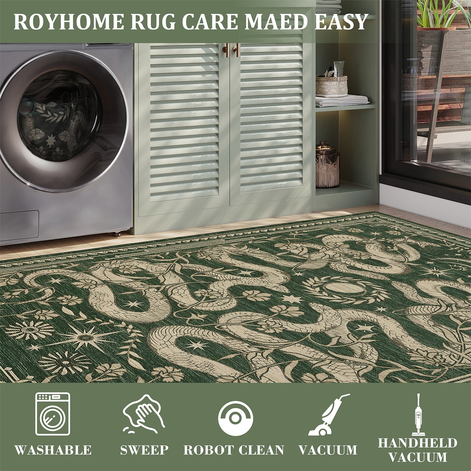 Garvee 5'x7' Modern Snake Printed Area Rug Washable Living Room Rug, Forest Low Pile Stain Resistant Rug Non Slip Carpet for Bedroom Dining Room, Green