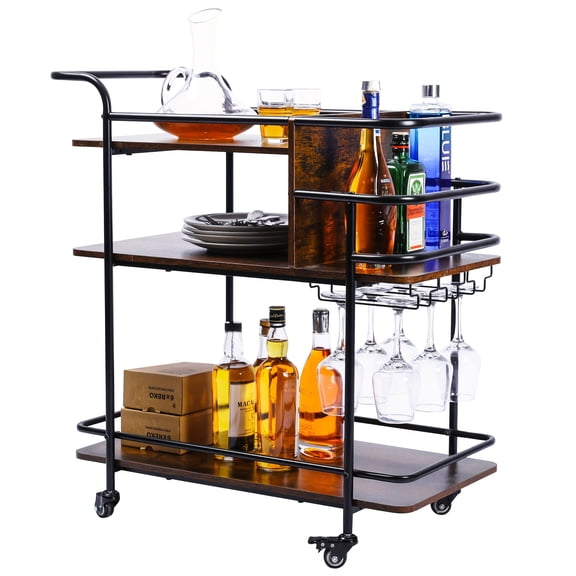 EasyPAG 3-Tier Mobile Kitchen Shelf & Bar Cart - Rolling Beverage Serving Cart with Wine Rack, Glass Holder & Side Storage for Home Bar, Dining Room & Small Spaces