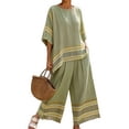 thumbnail image 3 of Uootdi Linen Sets for Women 2 Piece Short Sleeve Oversized Striped Trim Top High Waist Flowy Wide Leg Pants Boho Vacation Matching Outfits, 3 of 5
