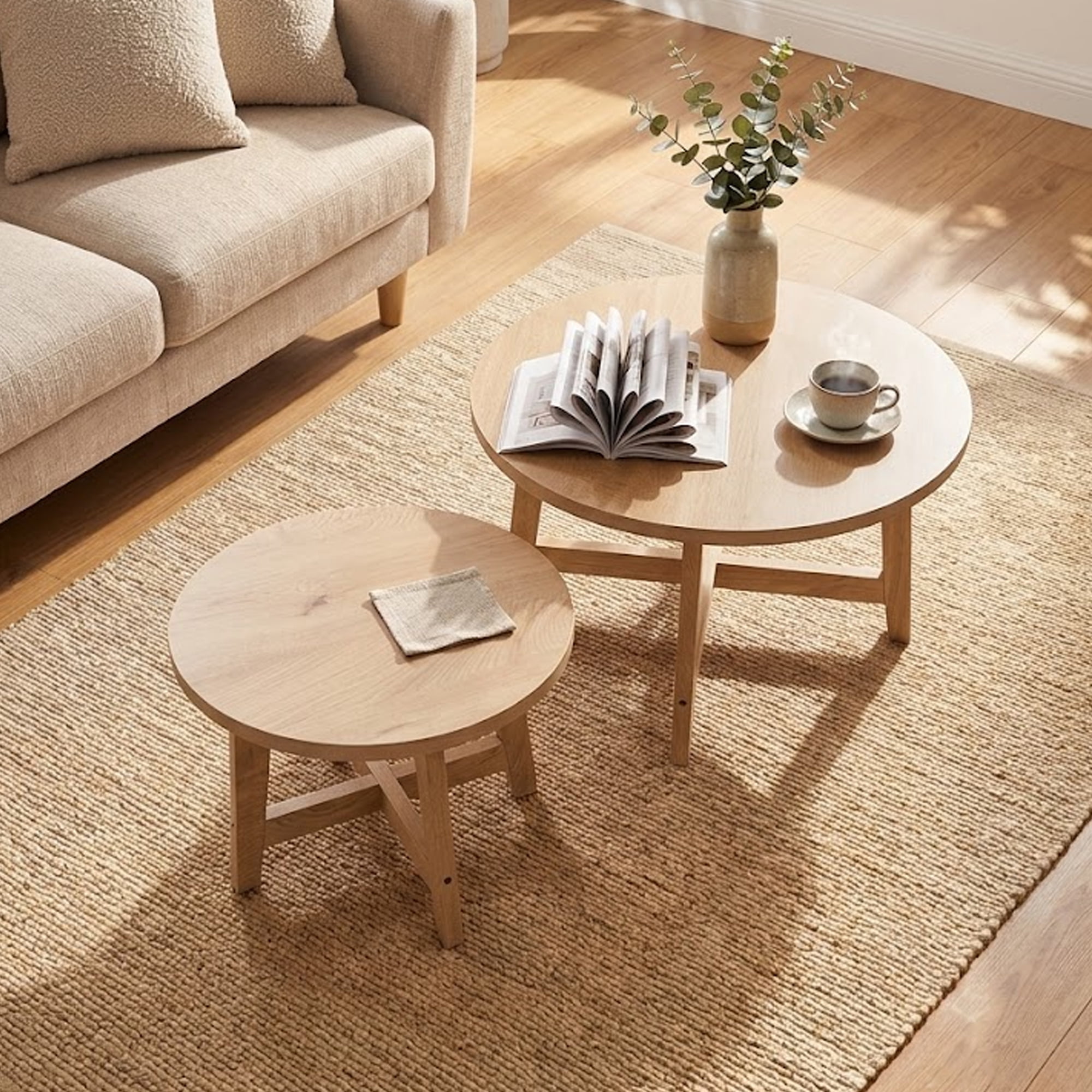 Leumius Nesting Coffee Tables Set of 2,Round Side Table Stackable End Tables,Wooden Accent Coffee Tables for Living Room Bedroom,Natural