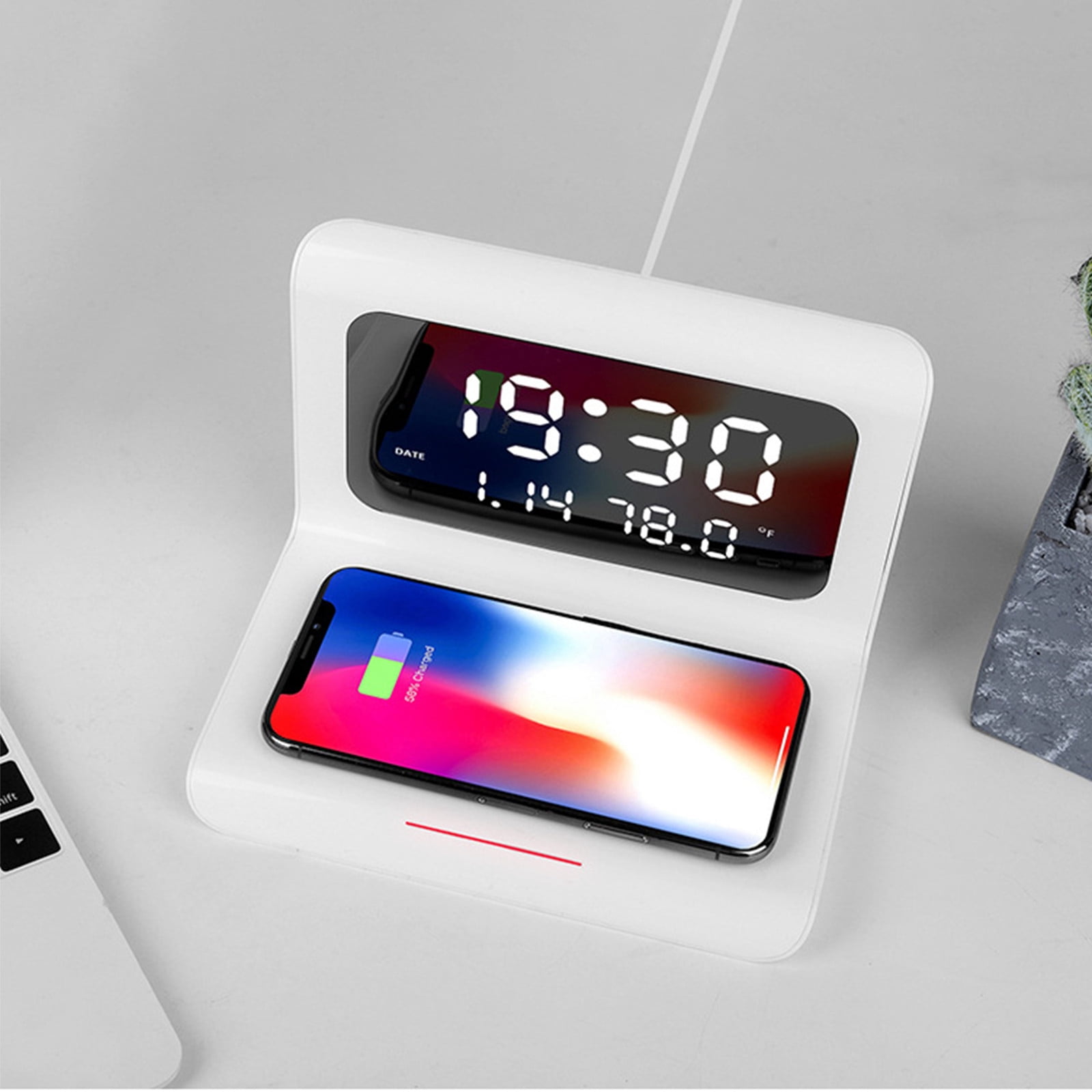 cpengpj Alarm Clock with Wireless Charging, 6 Inch Dimmable LED Display, Digital Calendar, Temperature and Date Display, USB Charging Port for Smartphones and Devices