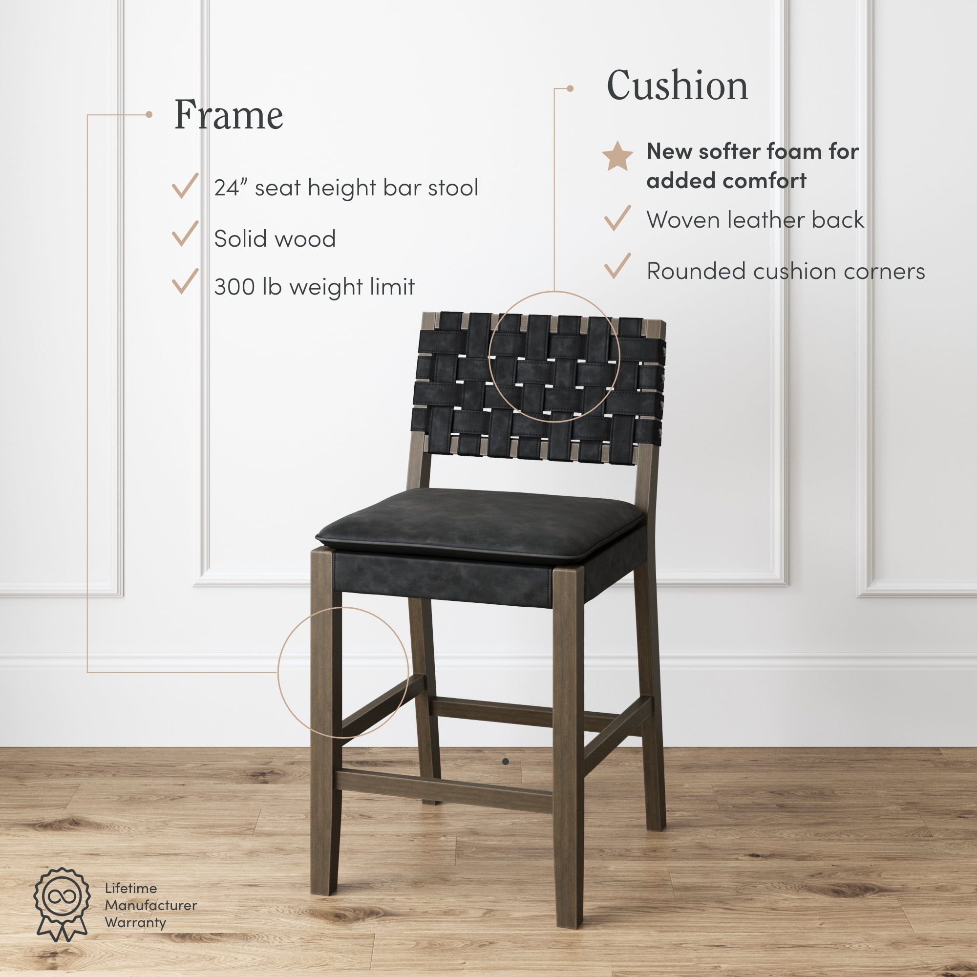 Nathan James Cohen Mid-Century Modern Leather Bar Stool, Counter Height Chair in Solid Wood Frame with Footrest and Woven Leather Back for Kitchen, Black
