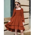 thumbnail image 4 of Arshiner Girls Dresses Puff Long Sleeve Fall Winter Smocked High Low Swing Midi Dress with Pockets, 4 of 6