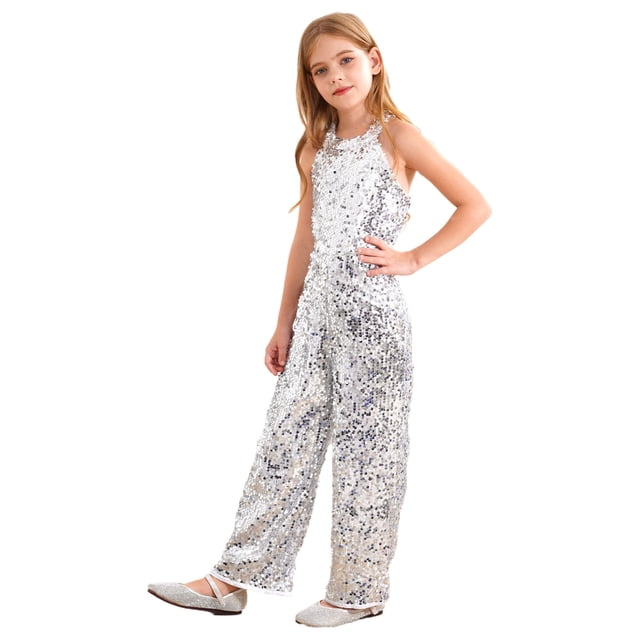 Choomomo Combinaison à Sequins pour Filles, Col Halter, Sans Manches, pour Fête, Danse Formelle, Argent 10