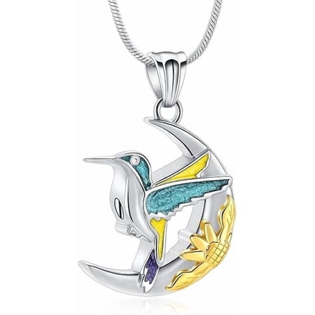 Hummingbird Cremation Urn Necklace for Ashes - Moon with Hummingbird Stainless Steel Cremation Jewelry Keepsake Pendant Ashes Holder for Loved One