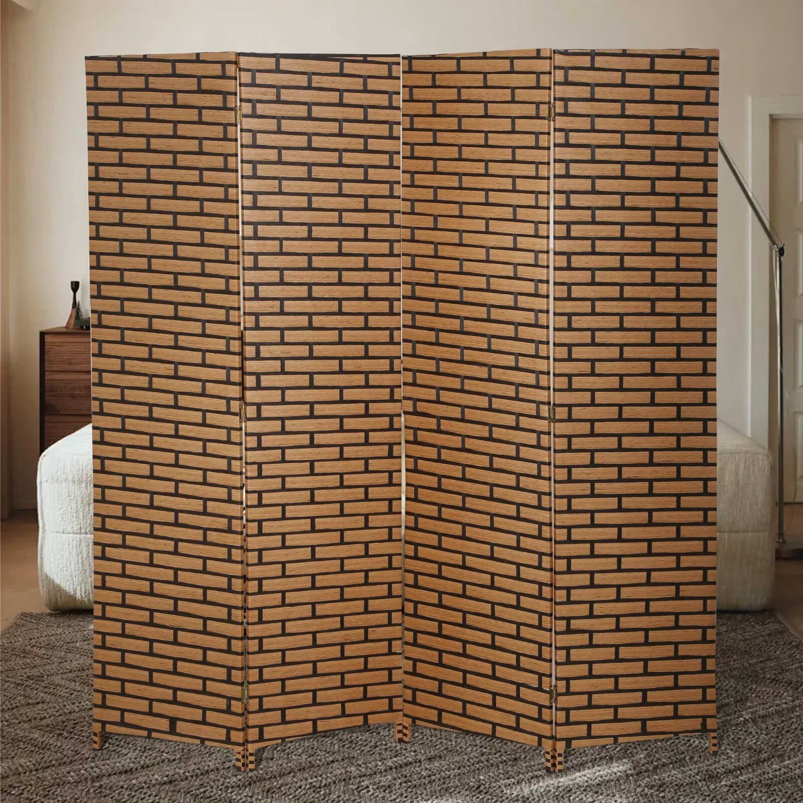 4 Panel Room Dividers Foldable Privacy Screen Decorative Indoor Screen 6TF Wooden Office Dividers Partition Wall for Home, Office, Bedroom, Brick