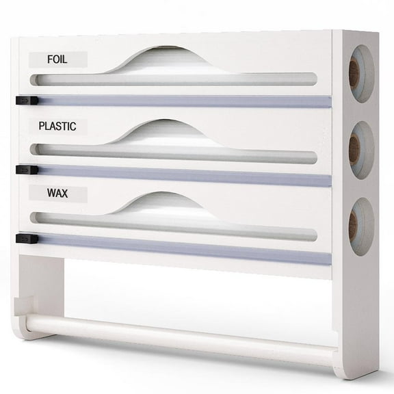 Pekkaxy Bamboo Cling Film Dispenser, 14.24 x 11.70 x 2.93 in, 3-Slot Organizer with Paper Towel Holder, for Efficient Kitchen Food Wrap and Meal Prep