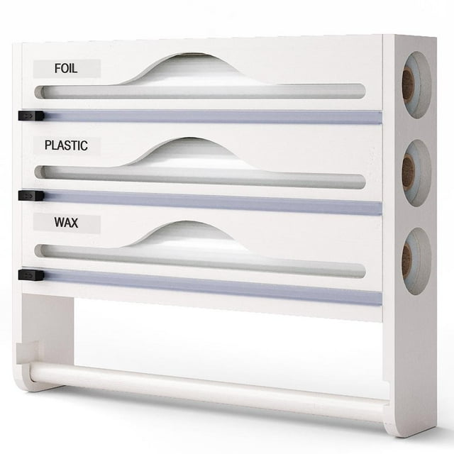 2 in 1 Wrap Dispenser with Cutter and Labels, Cling Film and Foil Dispenser, Bamboo Roll Organizer Holder, Wall-Mounted Cutter Organizer, Cling Film Dispenser, Kitchen Storage Box