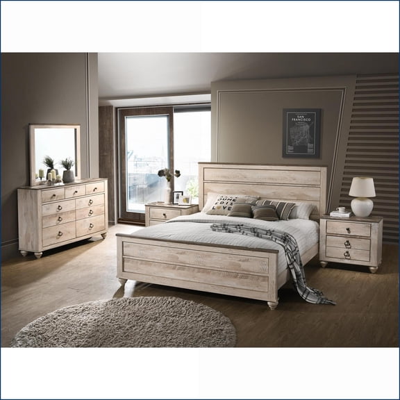 Bedroom Set for Modern Spaces, 5-Piece Queen Industrial White Wash Solid Hardwood | Wood | Standard Beds