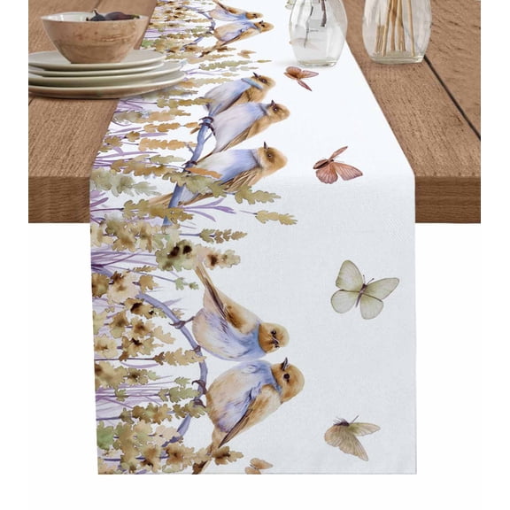 Table Runner Dresser Scarf 13 x 70 Inch Summer Watercolor Lavender Birds Butterfly Table Runners Non-Slip Heat Kitchen Dining Table Decor for Indoor Outdoor Home Party Decoration