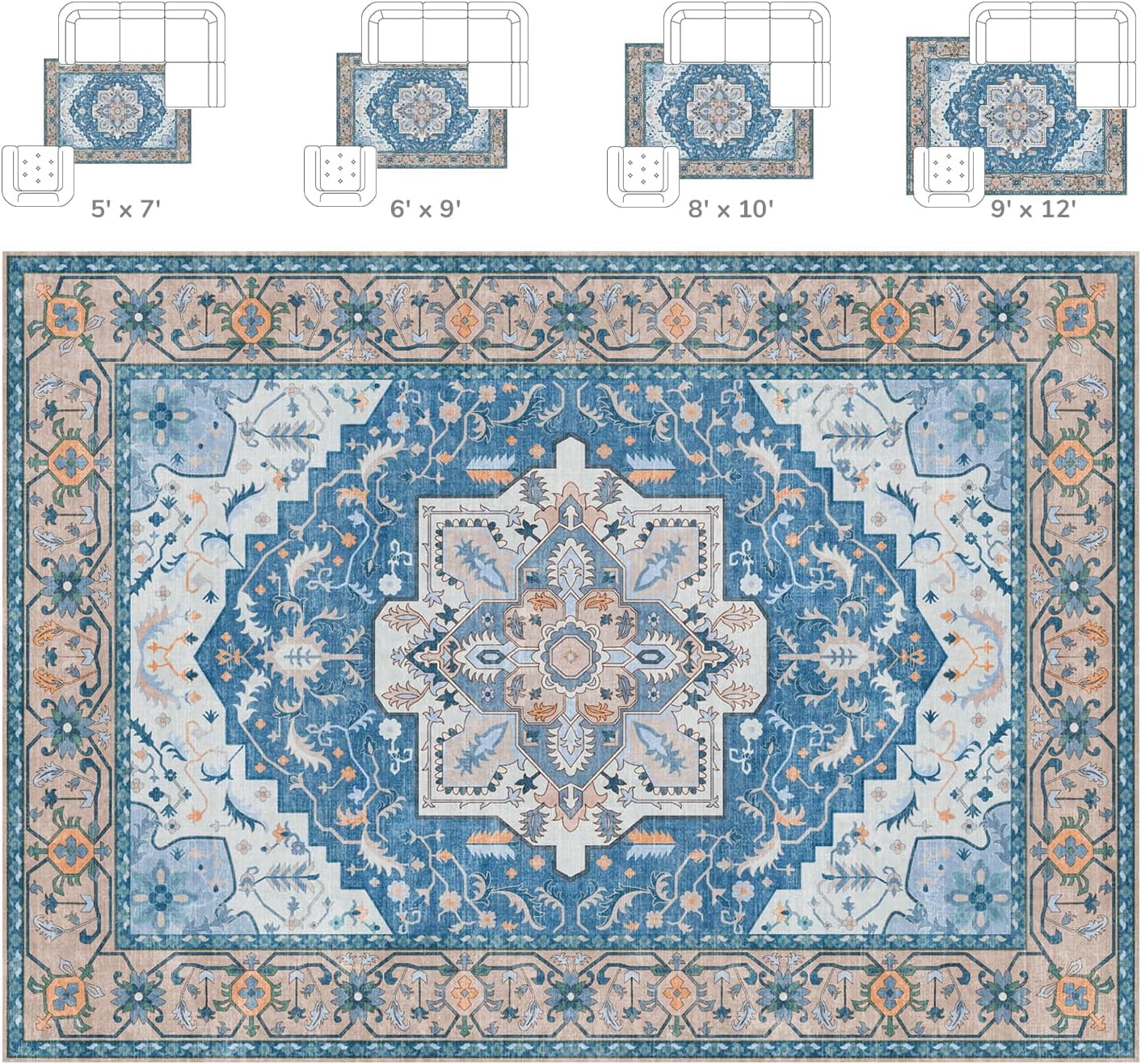 Reepow 8x10 Blue White Machine Washable Super Soft Faux-Wool Vintage Floral Boho Non-Slip Low Pile Area Rugs for Living Room Bedroom