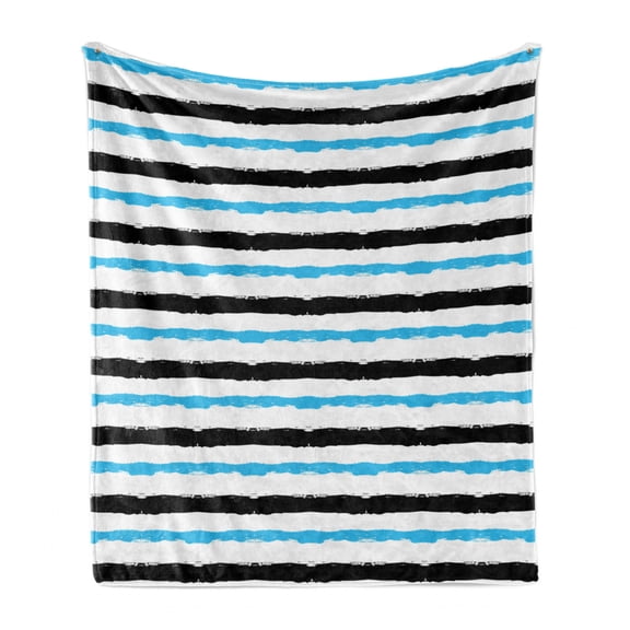 Abstract Soft Flannel Fleece Throw Blanket, Paintbrush Large Color Bands Simplistic Horizontal Lines Stripes, Cozy Plush for Indoor and Outdoor Use, 50" x 70", Aqua Black White, by Ambesonne