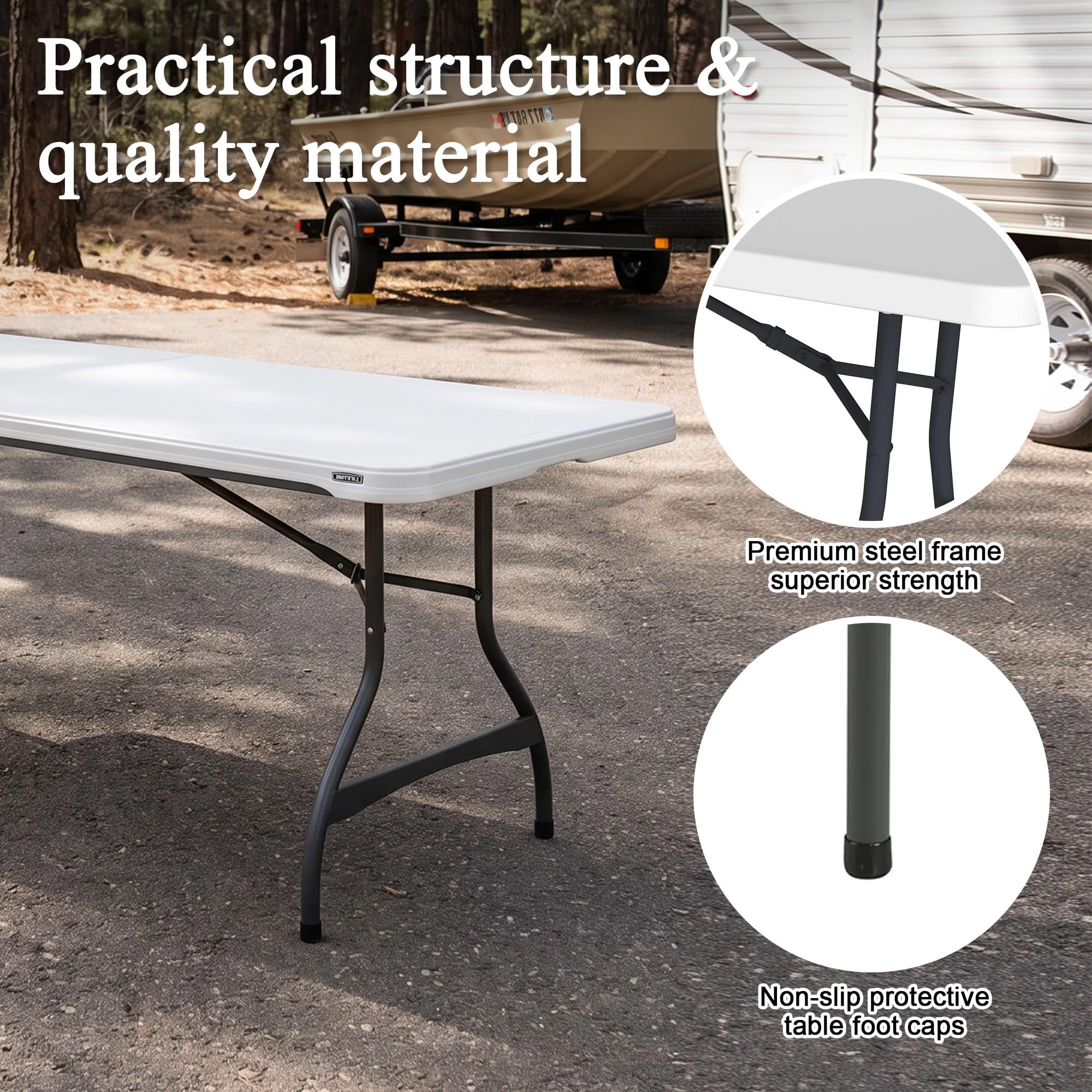 MAYEERTY 6FT White HDPE Fold-in-Half Folding Table, 507LB Capacity Powder Coated Steel Frame UV Water Resistant Portable Table