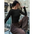 thumbnail image 4 of Womens Crewneck Long Sleeve Shirt Double Lined Basic Tees Side Ruched Going Out Crop Tops Black L, 4 of 8