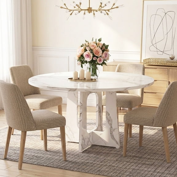 47'' Round Dining Table for 4-6, Paproos Large Kitchen Table with Marble-Color Wood Tabletop, Circle Dining Room Table, Dinning Table Dinner Table for Kitchen Dining Room, White(Only Table)