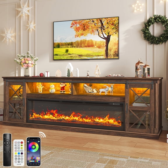 Aphthongs 94" Farmhouse Fireplace TV Stand with 60" Electric Fireplace, Sliding Barn Door Media Console with LED Lights & Power Outlet, Rustic Long TV Cabinet for Living Room, Bed Room