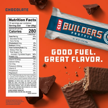 CLIF BUILDERS Protein Bars Chocolate Flavor, Plant Protein, Gluten Free Bars, 12ct