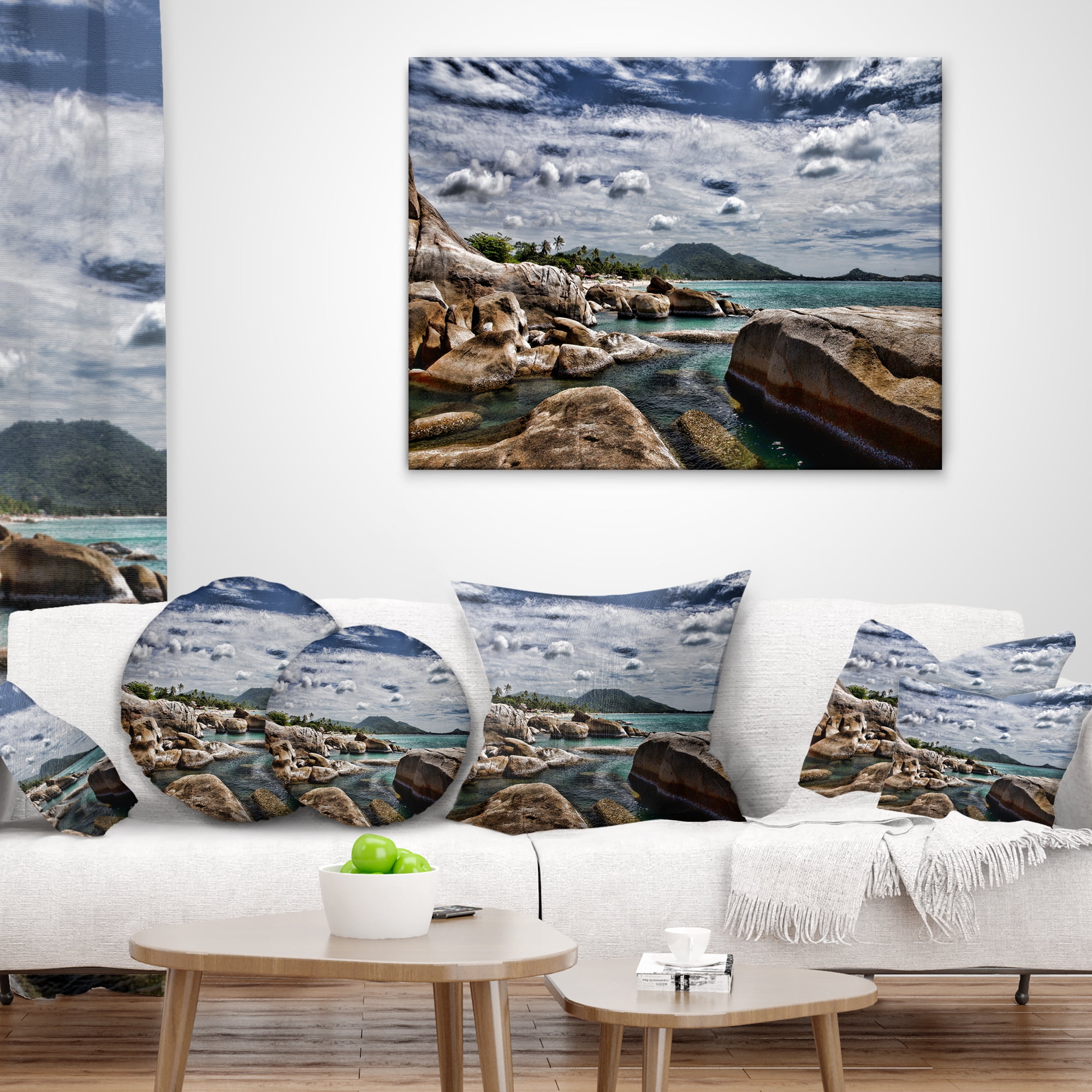 Designart Rocky Beach with Dramatic Sky - Seashore Throw Pillow - 12x20