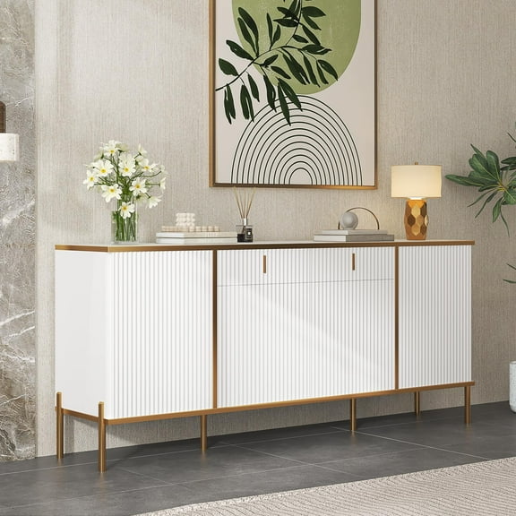 60-Inch Fluted Sideboard with Pop-Up Doors, Adjustable Shelves Storage Cabinet, Modern Buffet for Kitchen Living Room, White & Gold Accent Furniture