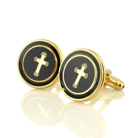 Zodaca Pretty Men's Dress Black Copper Round With Cross Cufflinks Cuff Links
