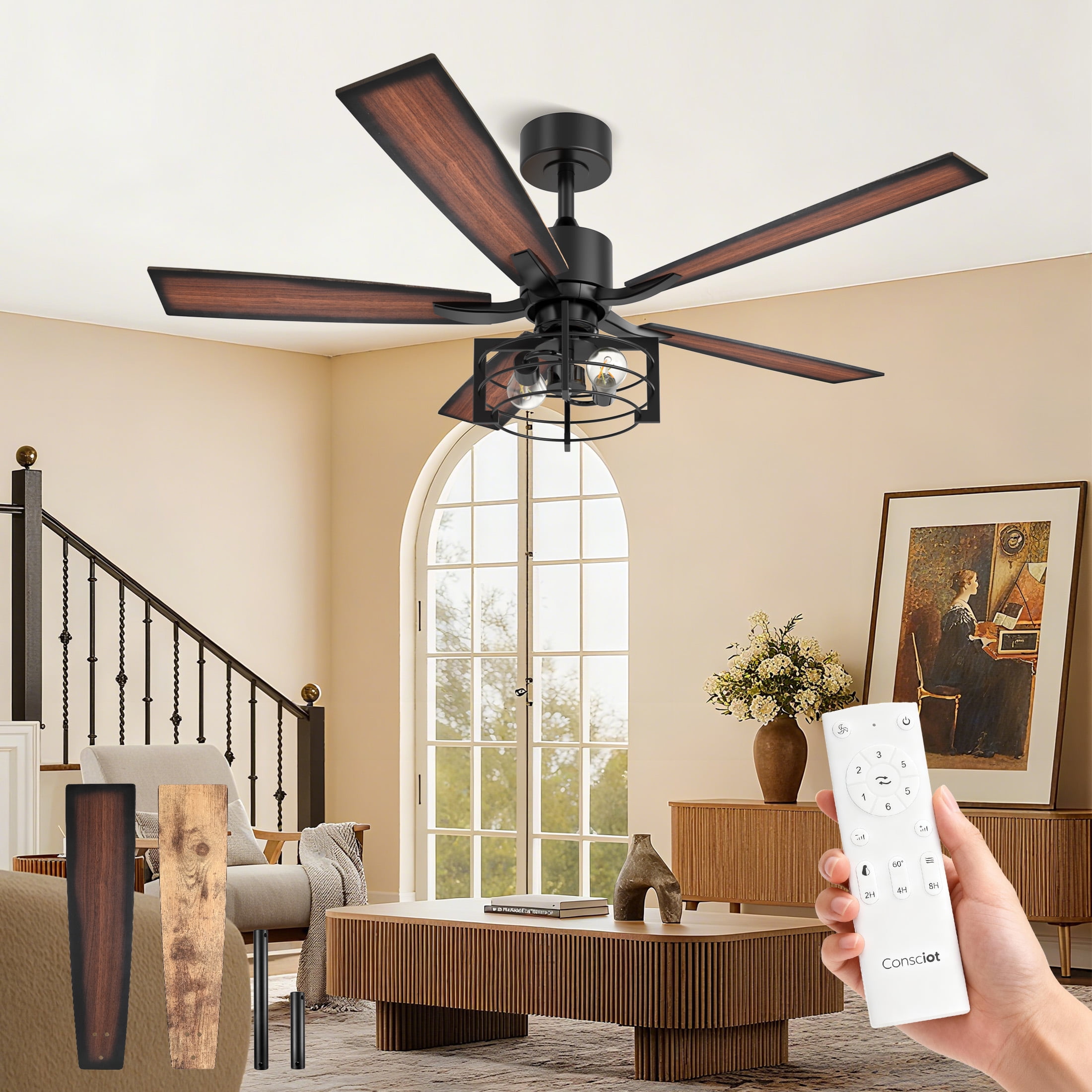 Consciot 52 Inch Ceiling Fans With Lights & Remote, Reversible Motor, Modern Farmhouse Caged Ceiling Fan, 5 Double Finish Wood Blades, Rustic Ceiling Fan For Porch, Living Rooms, Bedroom, Black