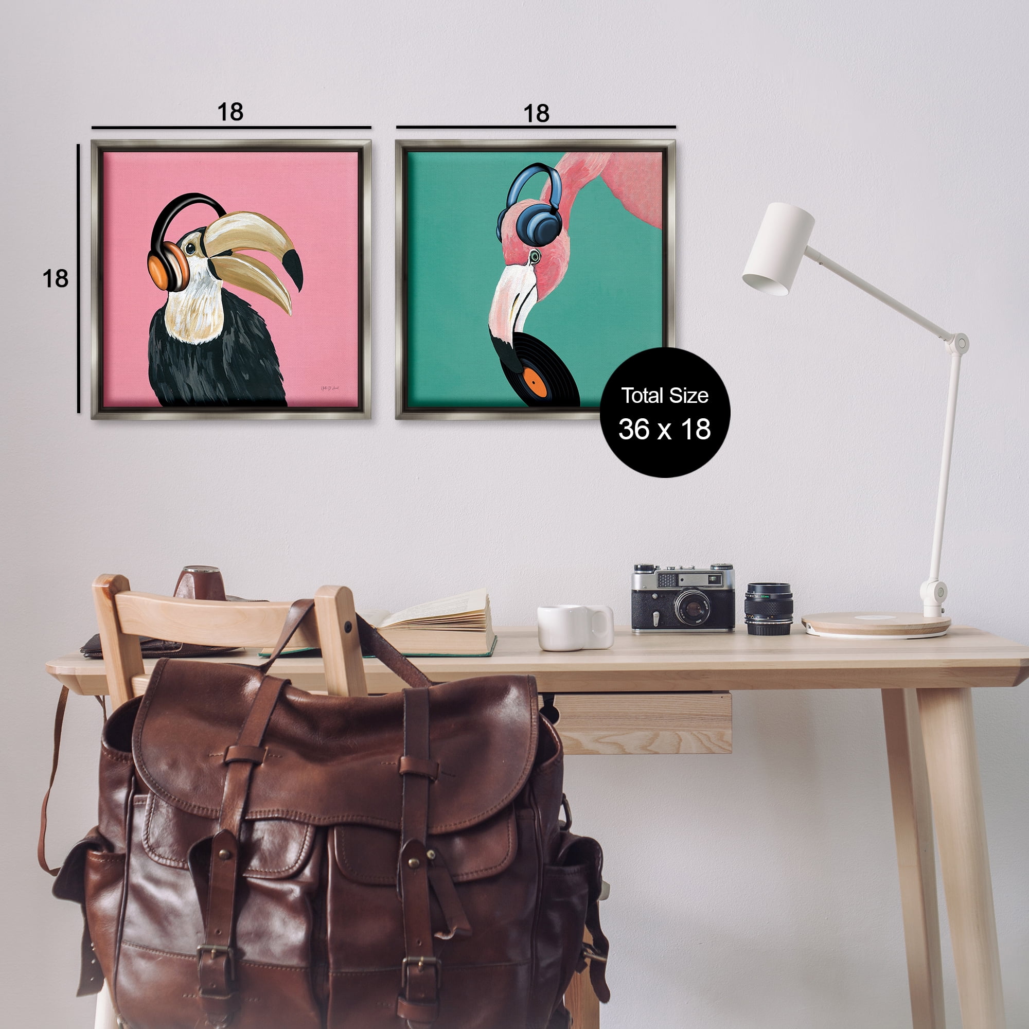 Stupell Industries Toucan and Flamingo Musical Pals Animals Painting Gray Floater Framed Canvas Art Print Wall Art, 18 x 18, Set of 2
