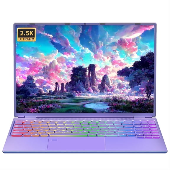 Fsjun 16" Purple Laptop, Color Backlit Keyboard, Fingerprint, (Win 11 Pro   Office 2019), Celeron N5095, 12GB DDR4 RAM, 512GB SSD, 2K FHD IPS Display – Lightweight Laptop for Study & Work