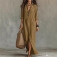 thumbnail image 2 of Shrysg Women's Casual Button Down Flowy V Neck Shirt Maxi Dress with Long Sleeve Khaki, 2 of 9