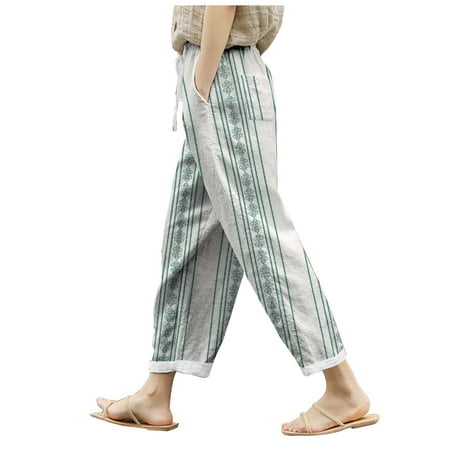 Pants Women Casual Comfort Style Vertical Stripe All Purpose Lace Up Trousers High Waisted Pants for Women Green XXXL